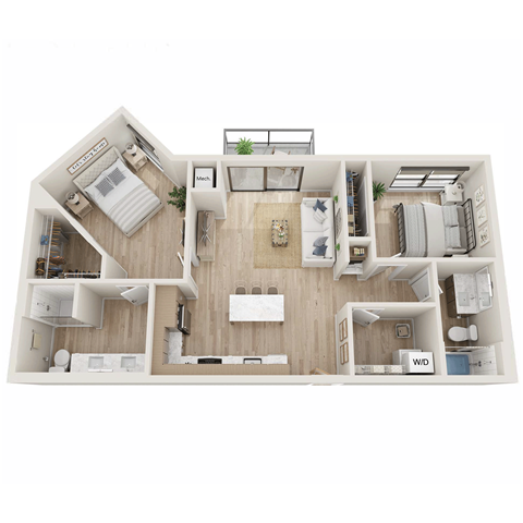 Floor plan for 2 beds, 2 baths, 1023 sqft